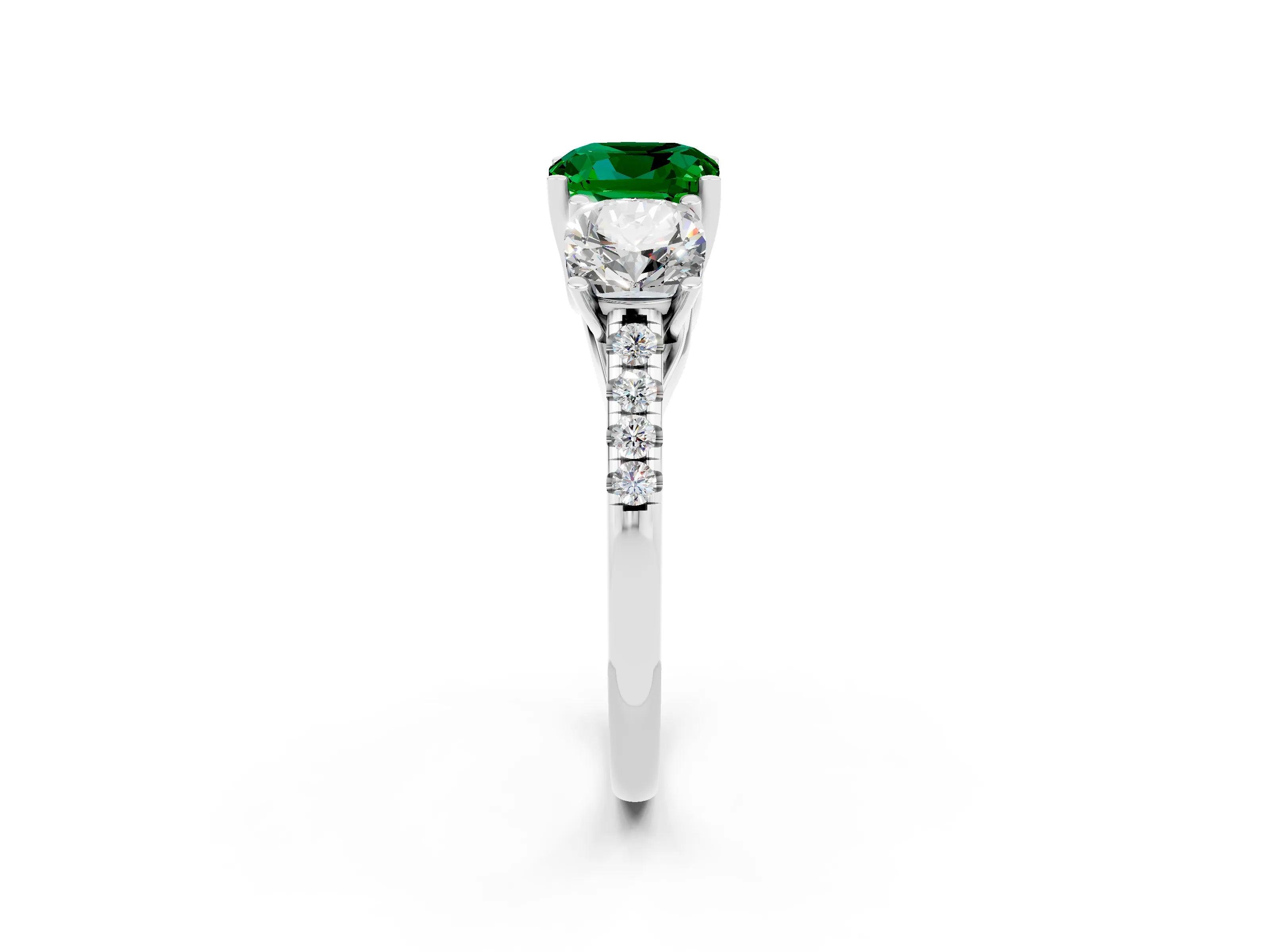 White gold Three-Stone Cushion Cut Emerald Ring with Pavé Band and Prong Setting_14