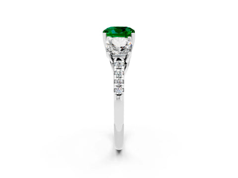 White gold Three-Stone Cushion Cut Emerald Ring with Pavé Band and Prong Setting_14