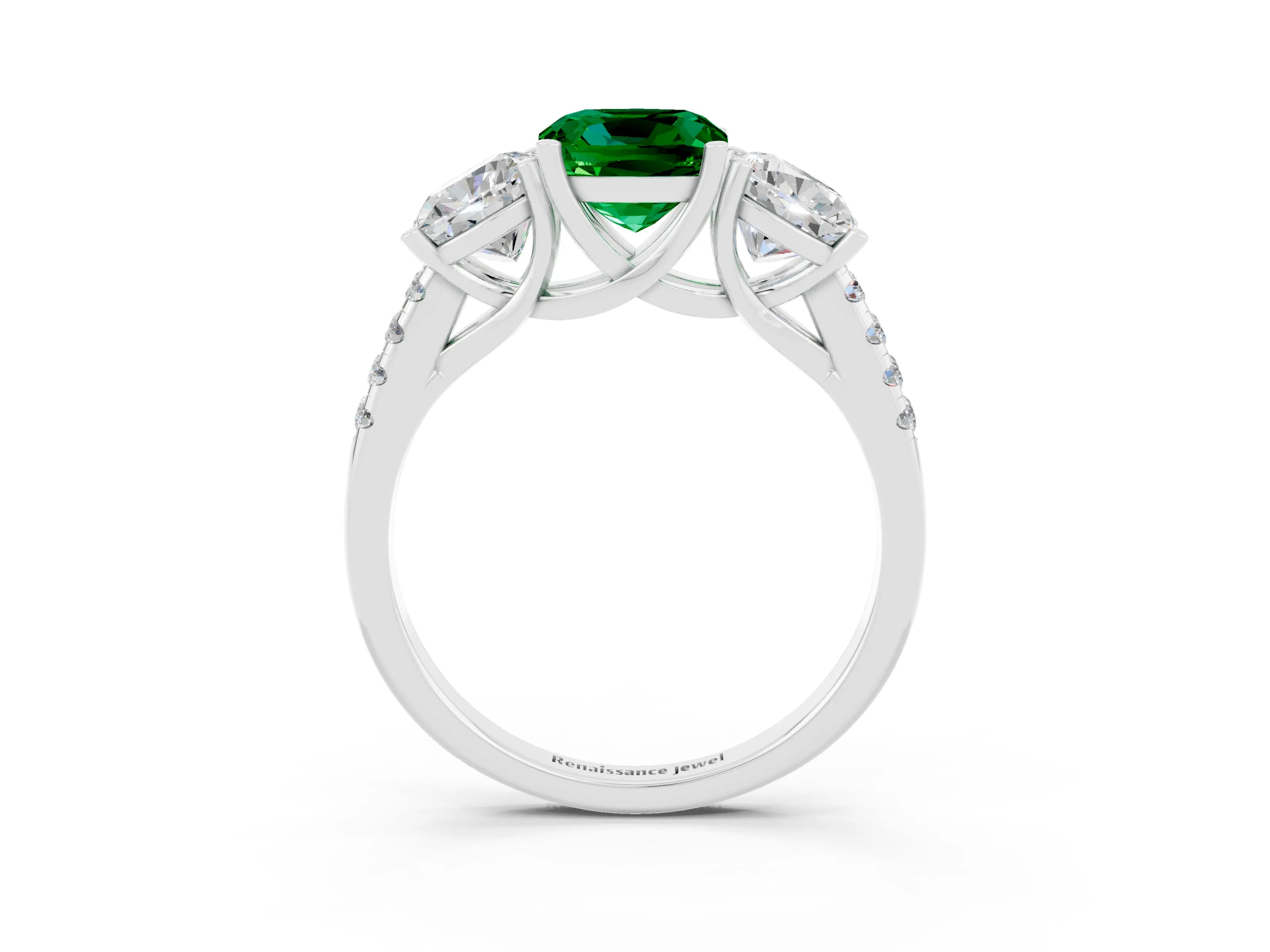 White gold Three-Stone Cushion Cut Emerald Ring with Pavé Band and Prong Setting_15