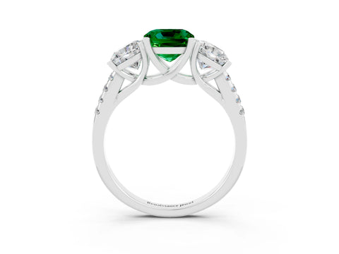 White gold Three-Stone Cushion Cut Emerald Ring with Pavé Band and Prong Setting_15