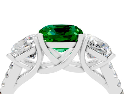 White gold Three-Stone Cushion Cut Emerald Ring with Pavé Band and Prong Setting_16