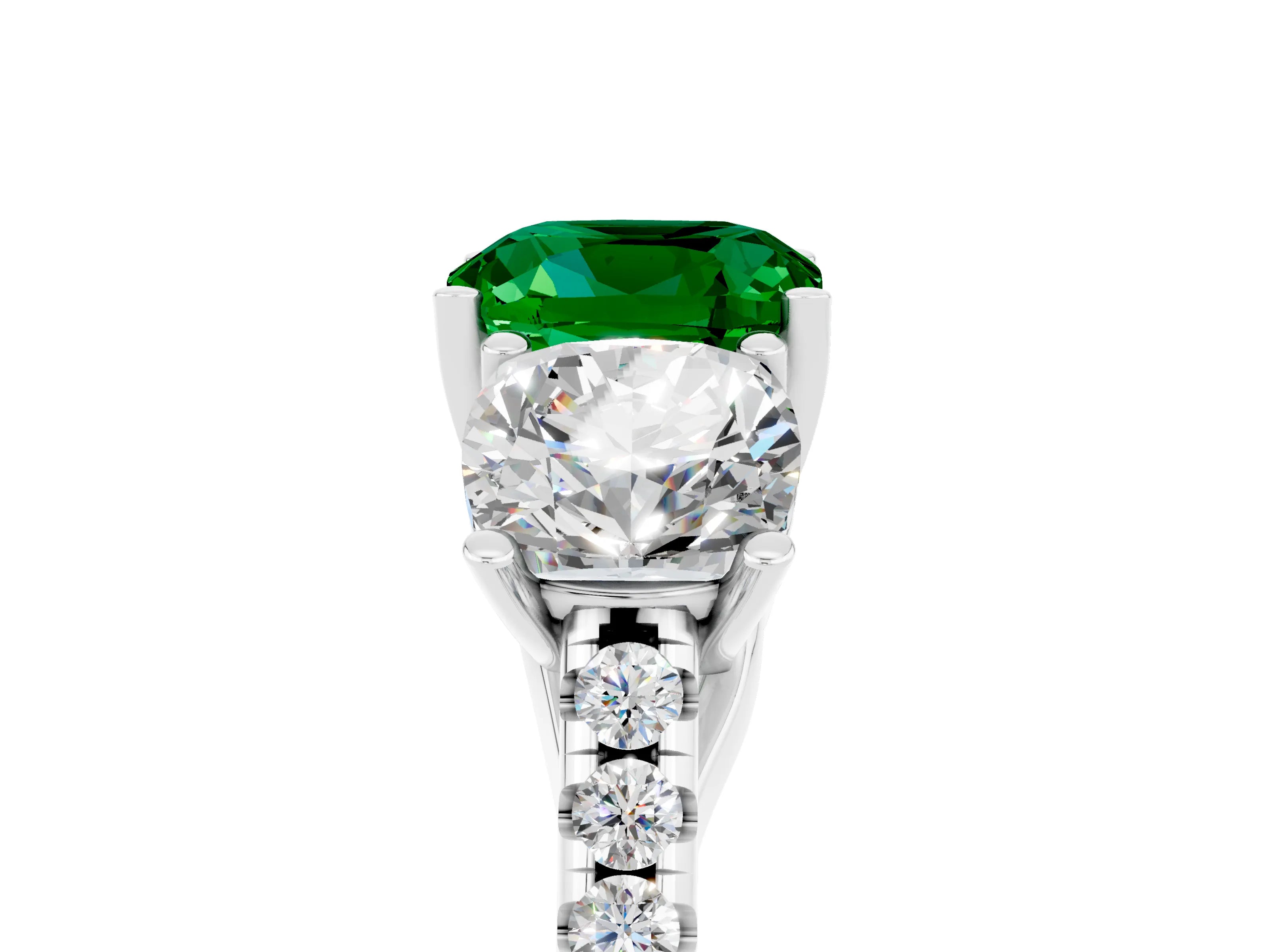 White gold Three-Stone Cushion Cut Emerald Ring with Pavé Band and Prong Setting_17