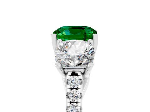 White gold Three-Stone Cushion Cut Emerald Ring with Pavé Band and Prong Setting_17