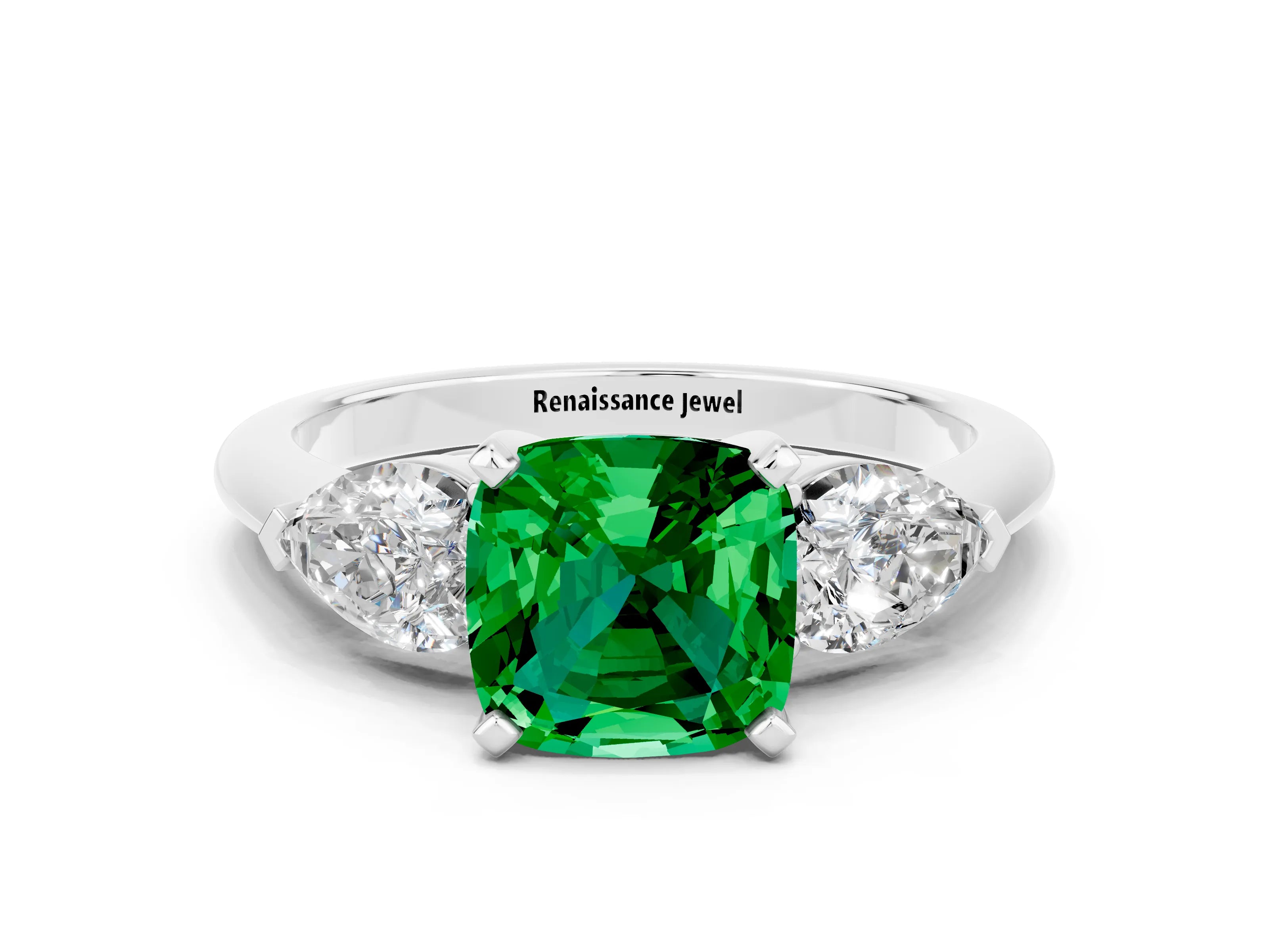 White gold Three-Stone Cushion Cut Emerald Ring with Pear Side Stones and Four-Prong Setting
