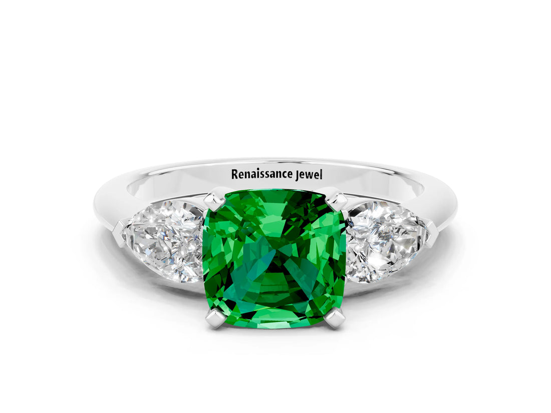White gold Three-Stone Cushion Cut Emerald Ring with Pear Side Stones and Four-Prong Setting