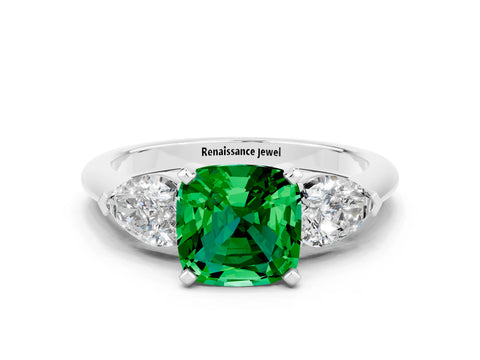 White gold Three-Stone Cushion Cut Emerald Ring with Pear Side Stones and Four-Prong Setting