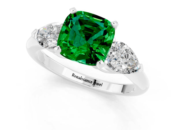 Silver Three-Stone Cushion Cut Emerald Ring with Pear Side Stones and Four-Prong Setting