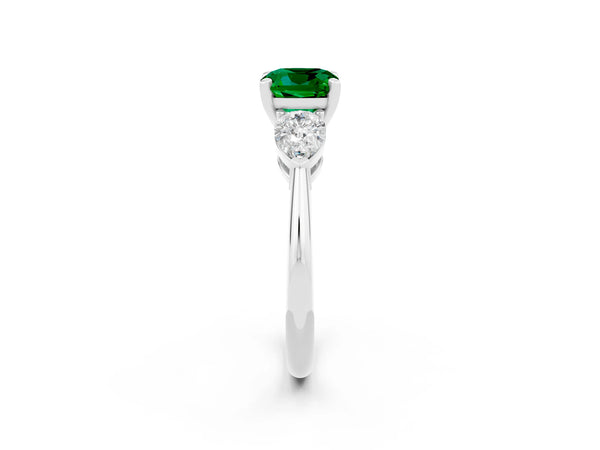 Silver Three-Stone Cushion Cut Emerald Ring with Pear Side Stones and Four-Prong Setting