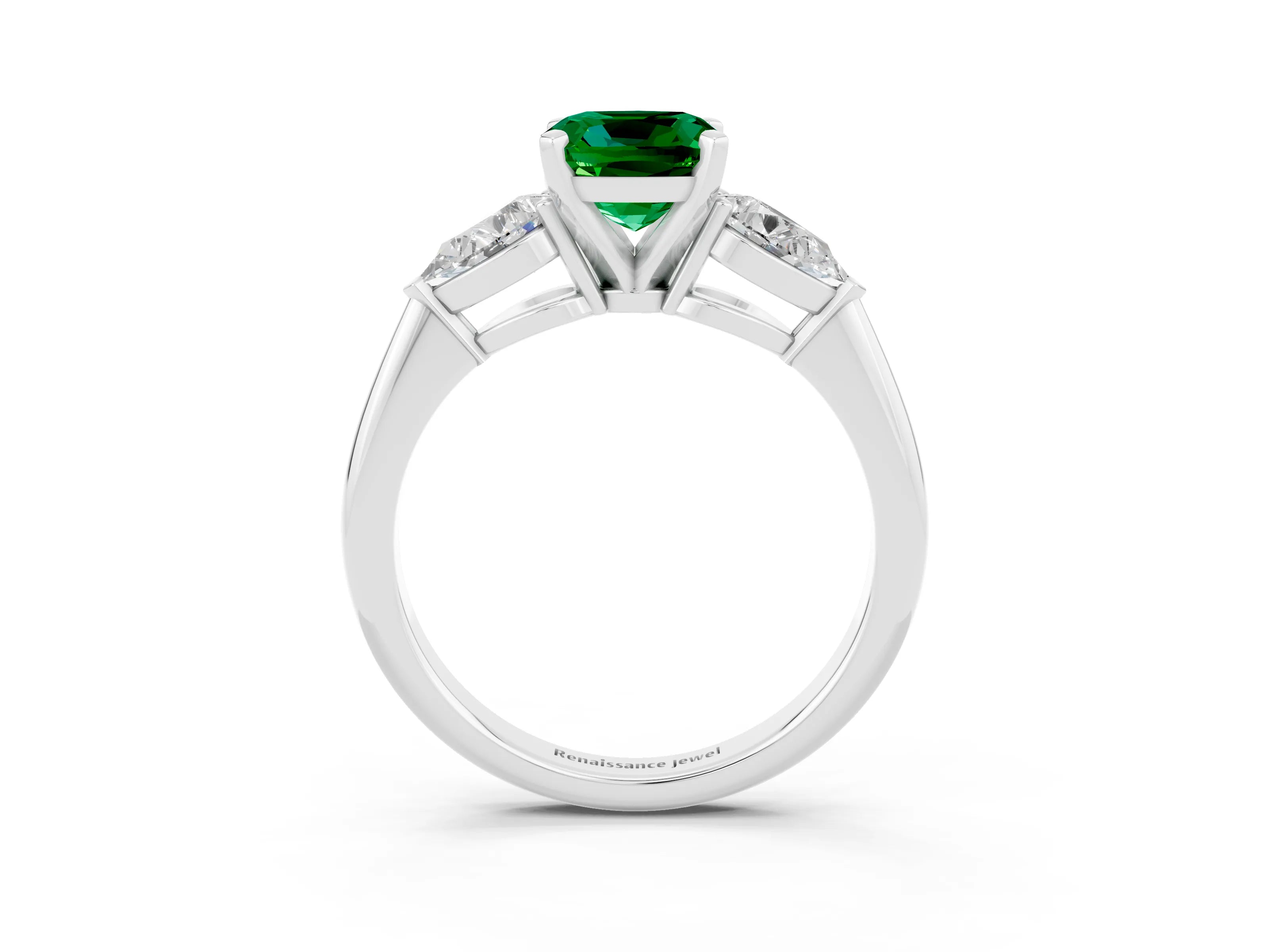 White gold Three-Stone Cushion Cut Emerald Ring with Pear Side Stones and Four-Prong Setting_3