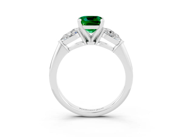 Silver Three-Stone Cushion Cut Emerald Ring with Pear Side Stones and Four-Prong Setting