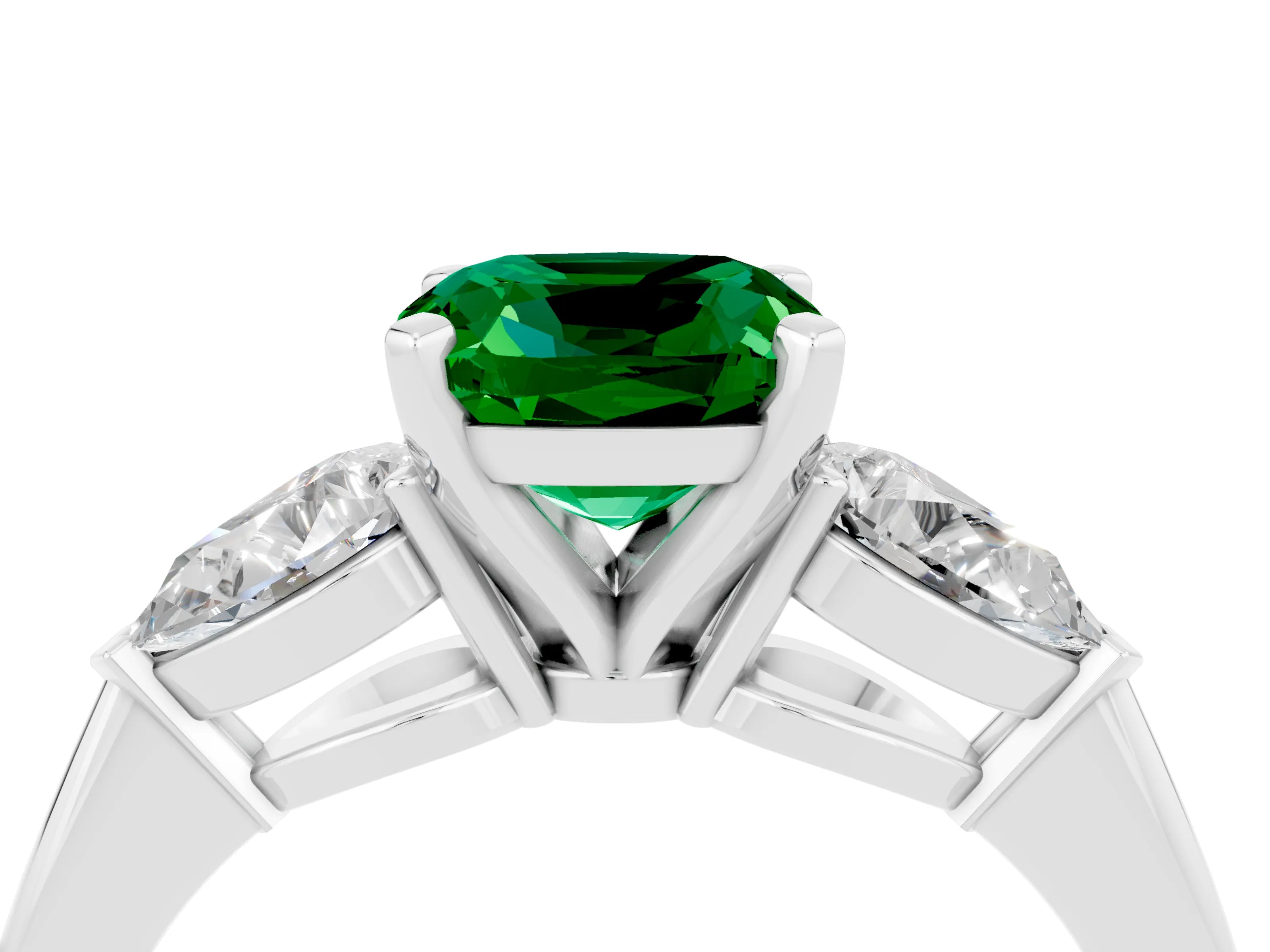 White gold Three-Stone Cushion Cut Emerald Ring with Pear Side Stones and Four-Prong Setting_4