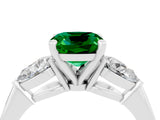 White gold Three-Stone Cushion Cut Emerald Ring with Pear Side Stones and Four-Prong Setting_4