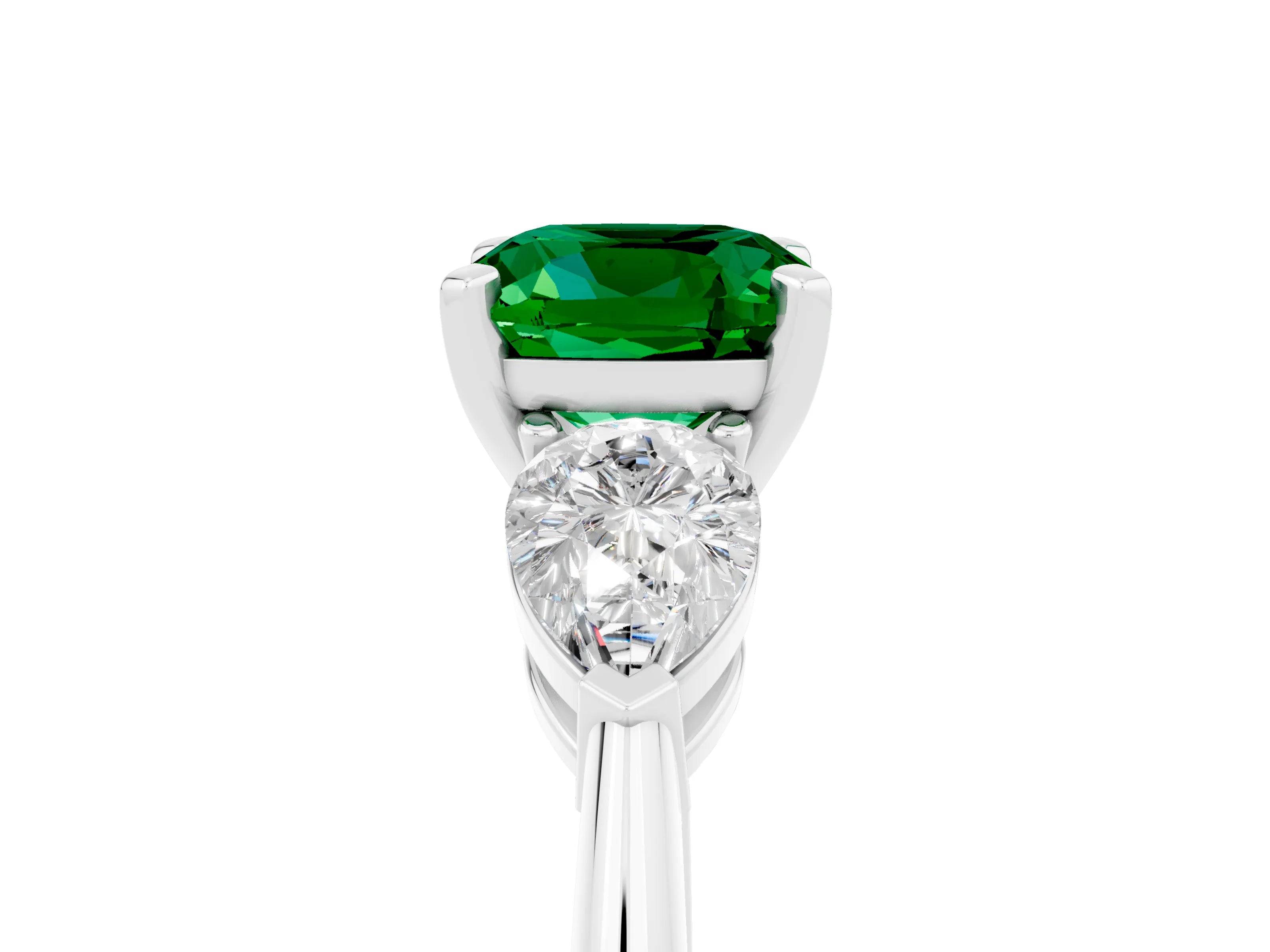 White gold Three-Stone Cushion Cut Emerald Ring with Pear Side Stones and Four-Prong Setting_5