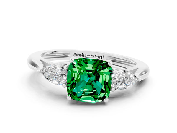 Silver Three-Stone Cushion Cut Emerald Ring with Pear  Side Stones in Four-Prong Setting