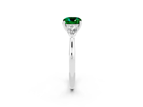 Silver Three-Stone Cushion Cut Emerald Ring with Pear  Side Stones in Four-Prong Setting