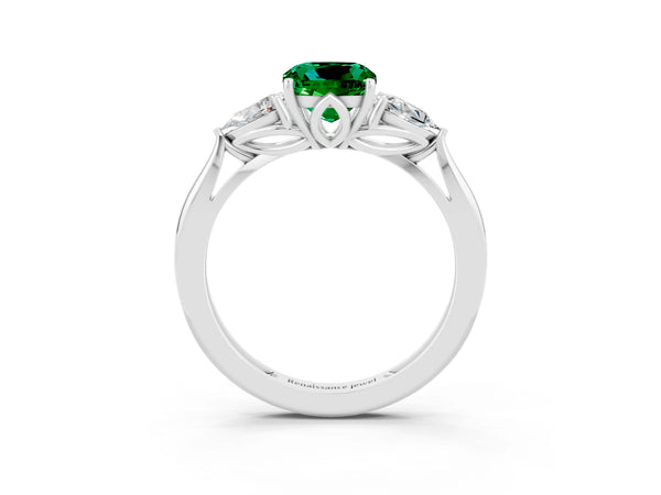 Platinum Three-Stone Cushion Cut Emerald Ring with Pear  Side Stones in Four-Prong Setting