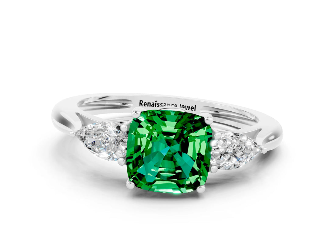 White gold Three-Stone Cushion Cut Emerald Ring with Pear  Side Stones in Four-Prong Setting_48