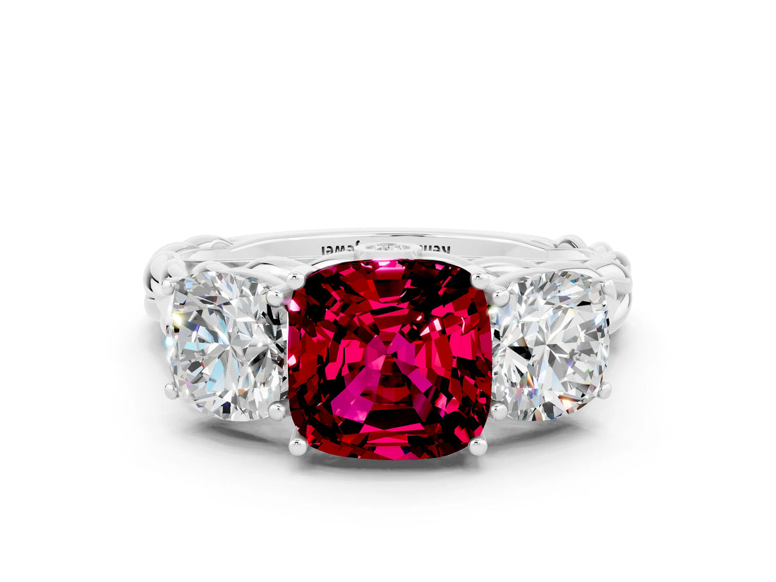 White gold Three-Stone Cushion Cut Garnet Braided Band Ring with Four-Prong Setting_48