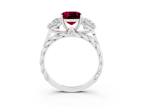 White gold Three-Stone Cushion Cut Garnet Braided Band Ring with Four-Prong Setting