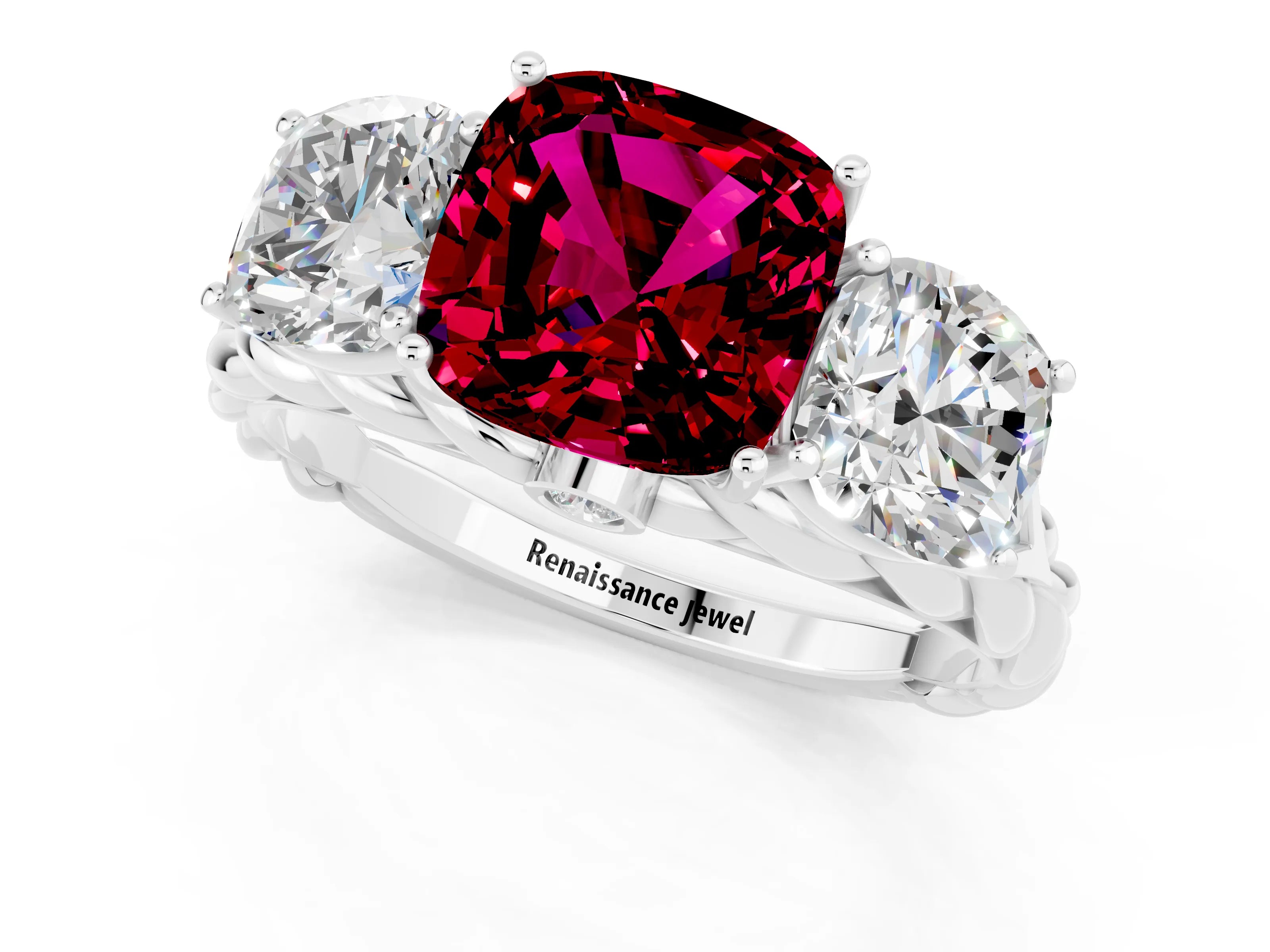White gold Three-Stone Cushion Cut Garnet Braided Band Ring with Four-Prong Setting_49