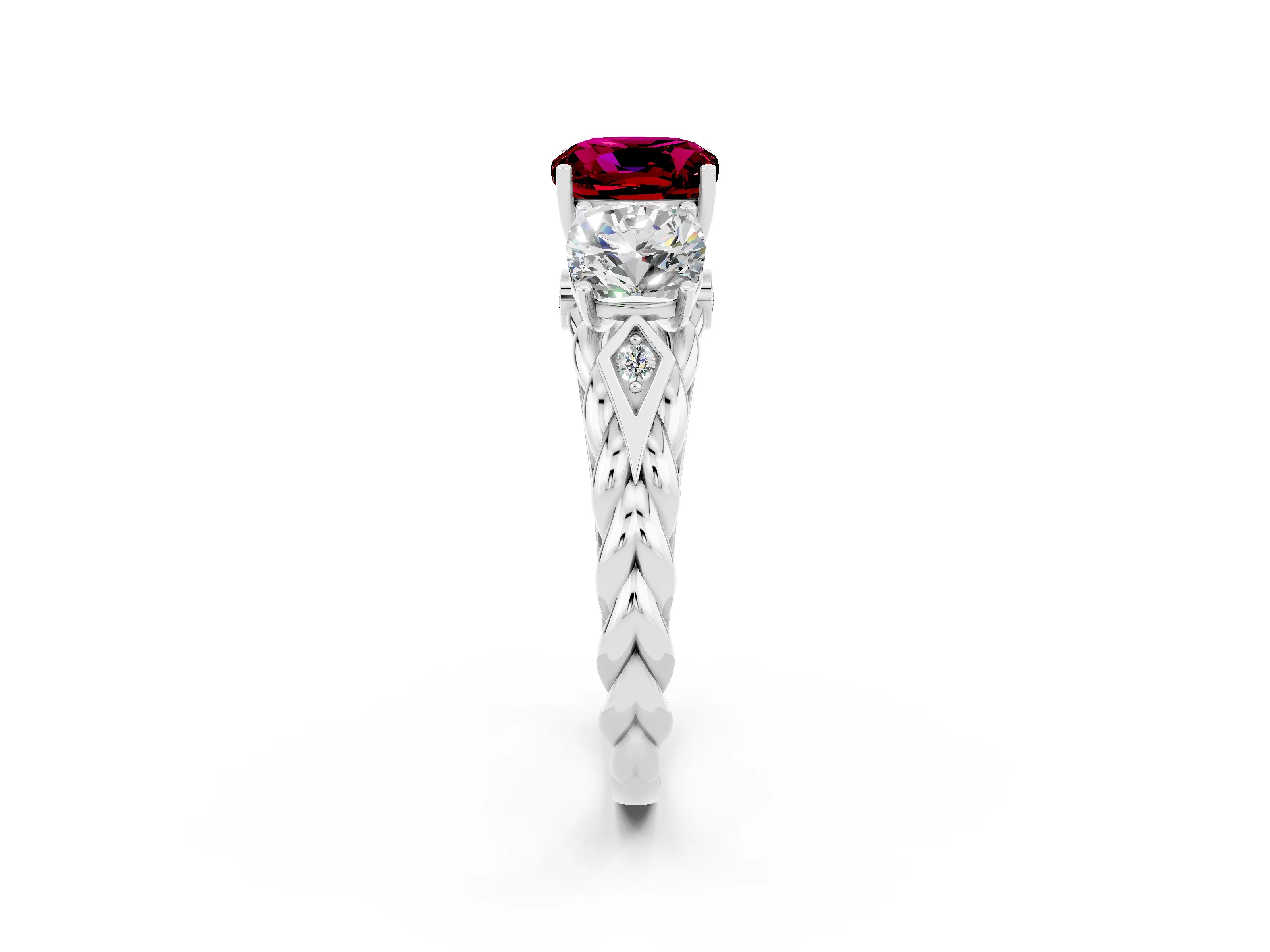 White gold Three-Stone Cushion Cut Garnet Braided Band Ring with Four-Prong Setting_50