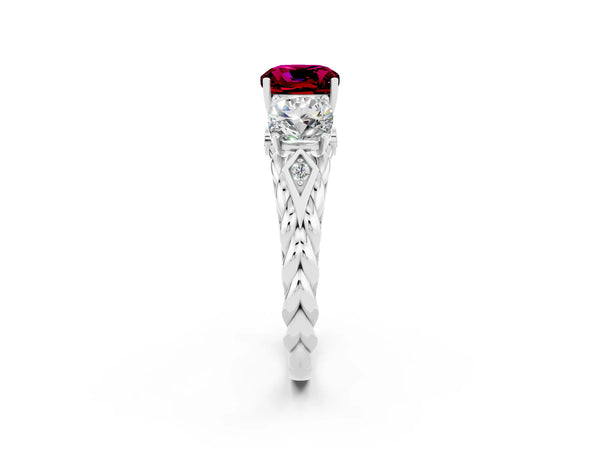 Silver Three-Stone Cushion Cut Garnet Braided Band Ring with Four-Prong Setting