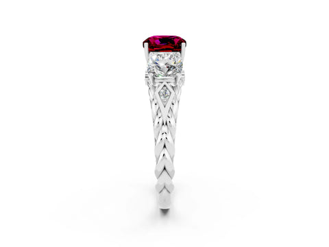 White gold Three-Stone Cushion Cut Garnet Braided Band Ring with Four-Prong Setting_50