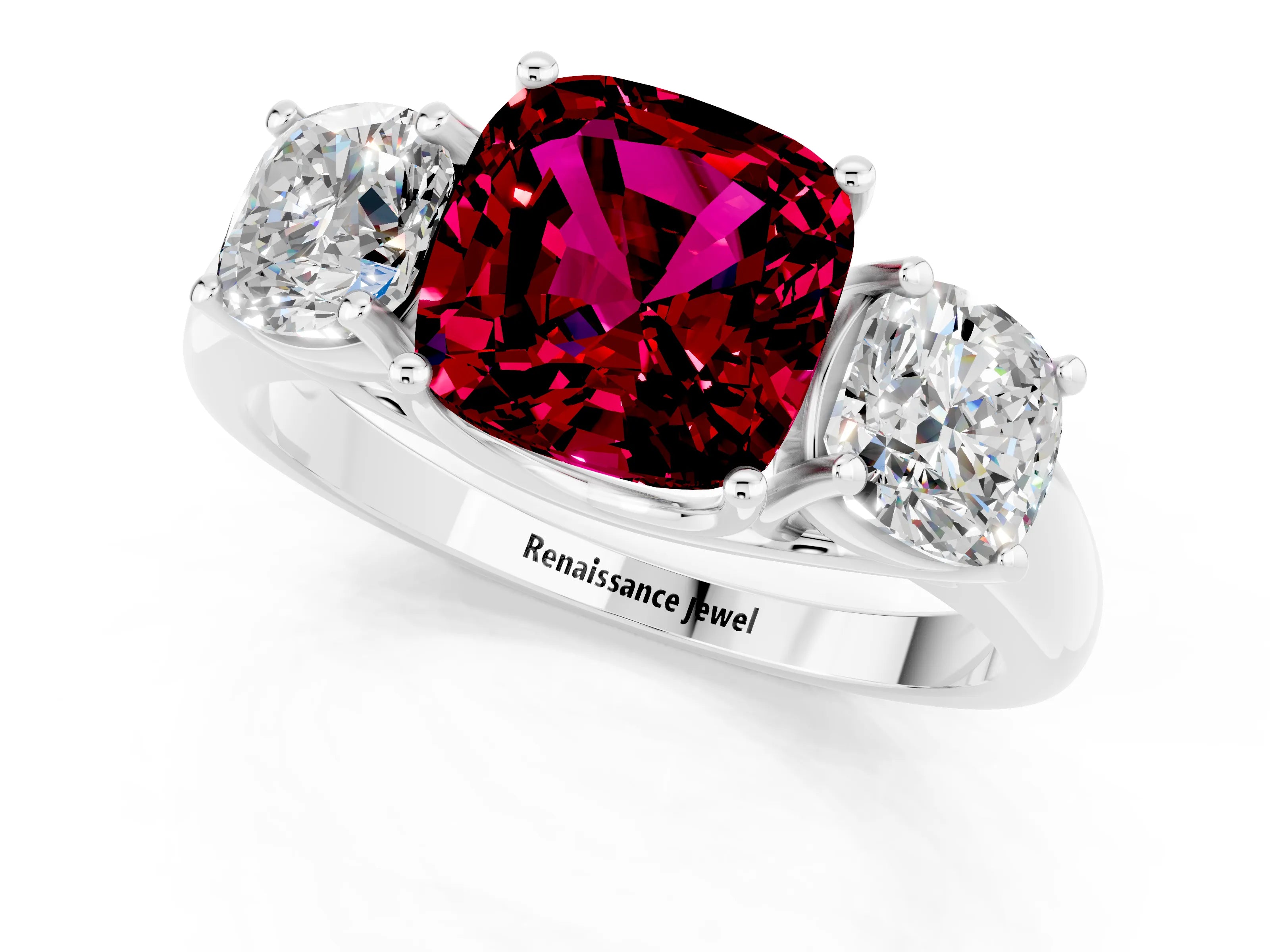 White gold Three-Stone Cushion Cut Garnet Engagement Ring with Prong Setting_1