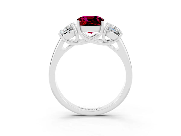 Silver Three-Stone Cushion Cut Garnet Engagement Ring with Prong Setting