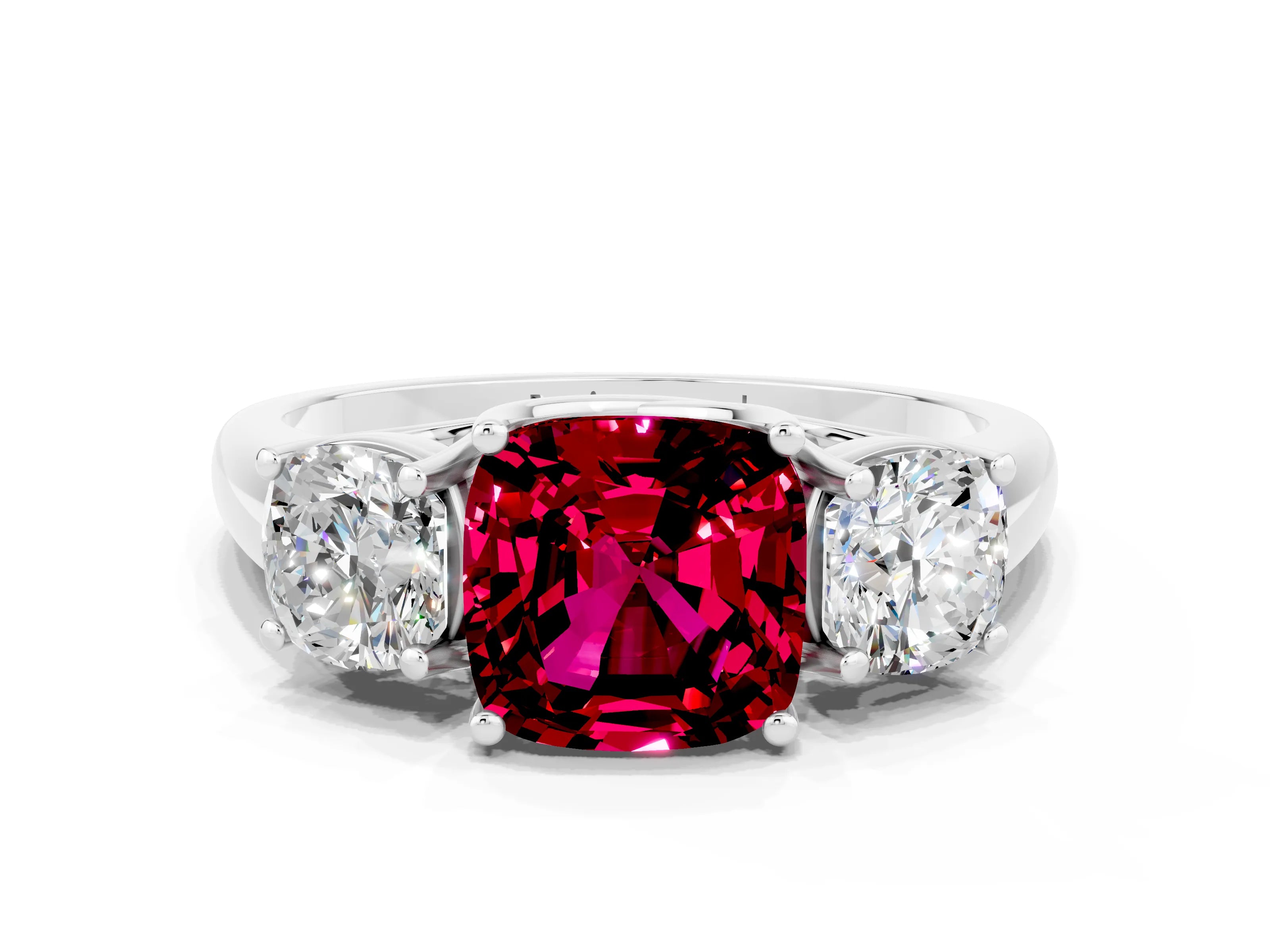 White gold Three-Stone Cushion Cut Garnet Engagement Ring with Prong Setting