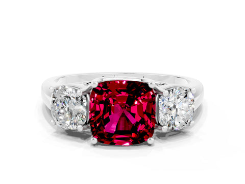 White gold Three-Stone Cushion Cut Garnet Engagement Ring with Prong Setting