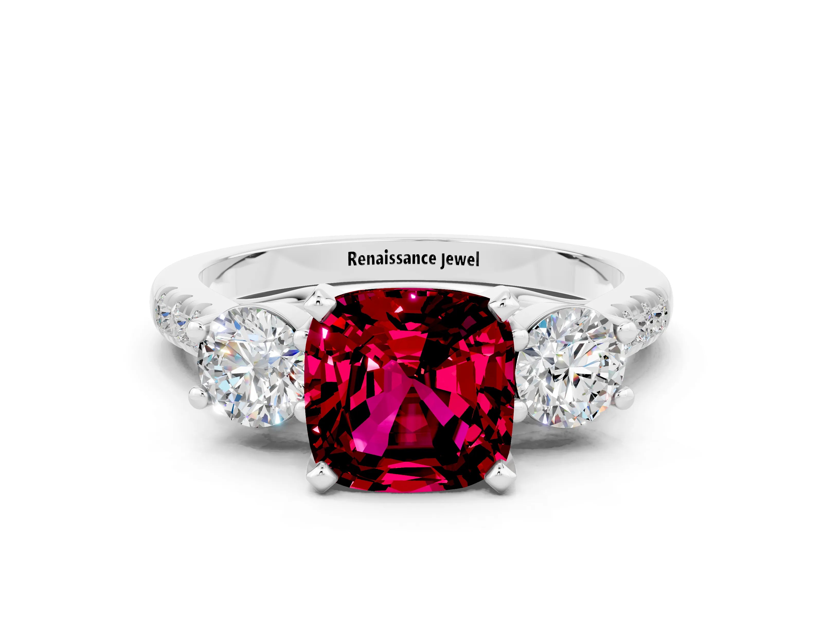 White gold Three-Stone Cushion Cut Garnet Pavé Band with Four-Prong Setting