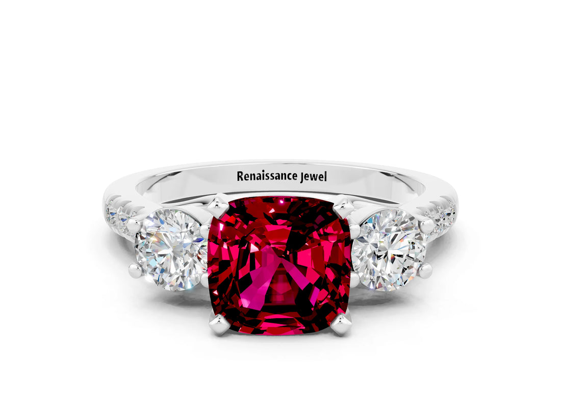 White gold Three-Stone Cushion Cut Garnet Pavé Band with Four-Prong Setting