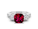 White gold Three-Stone Cushion Cut Garnet Pavé Band with Four-Prong Setting