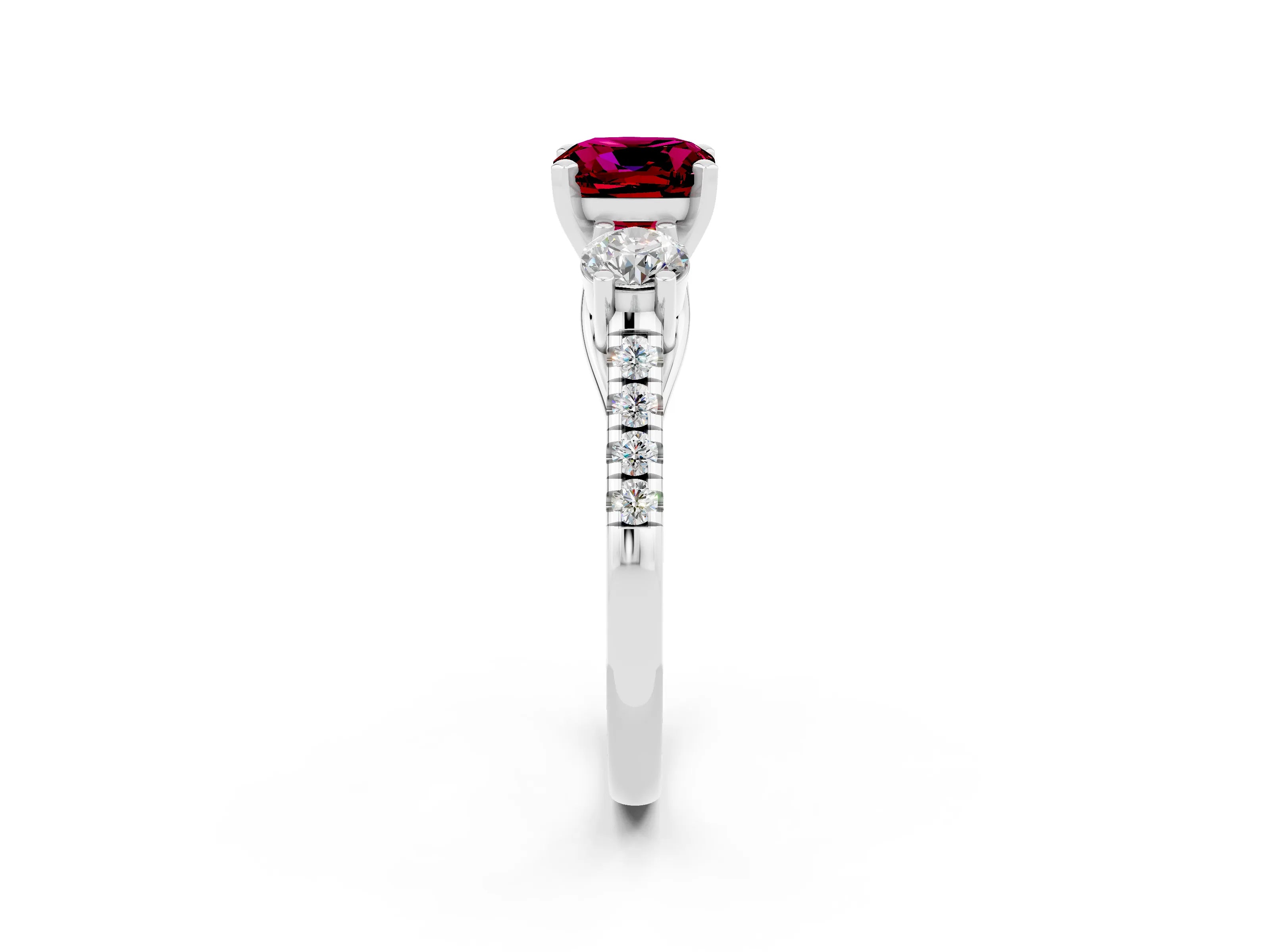 White gold Three-Stone Cushion Cut Garnet Pavé Band with Four-Prong Setting_2