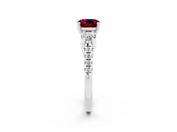 White gold Three-Stone Cushion Cut Garnet Pavé Band with Four-Prong Setting