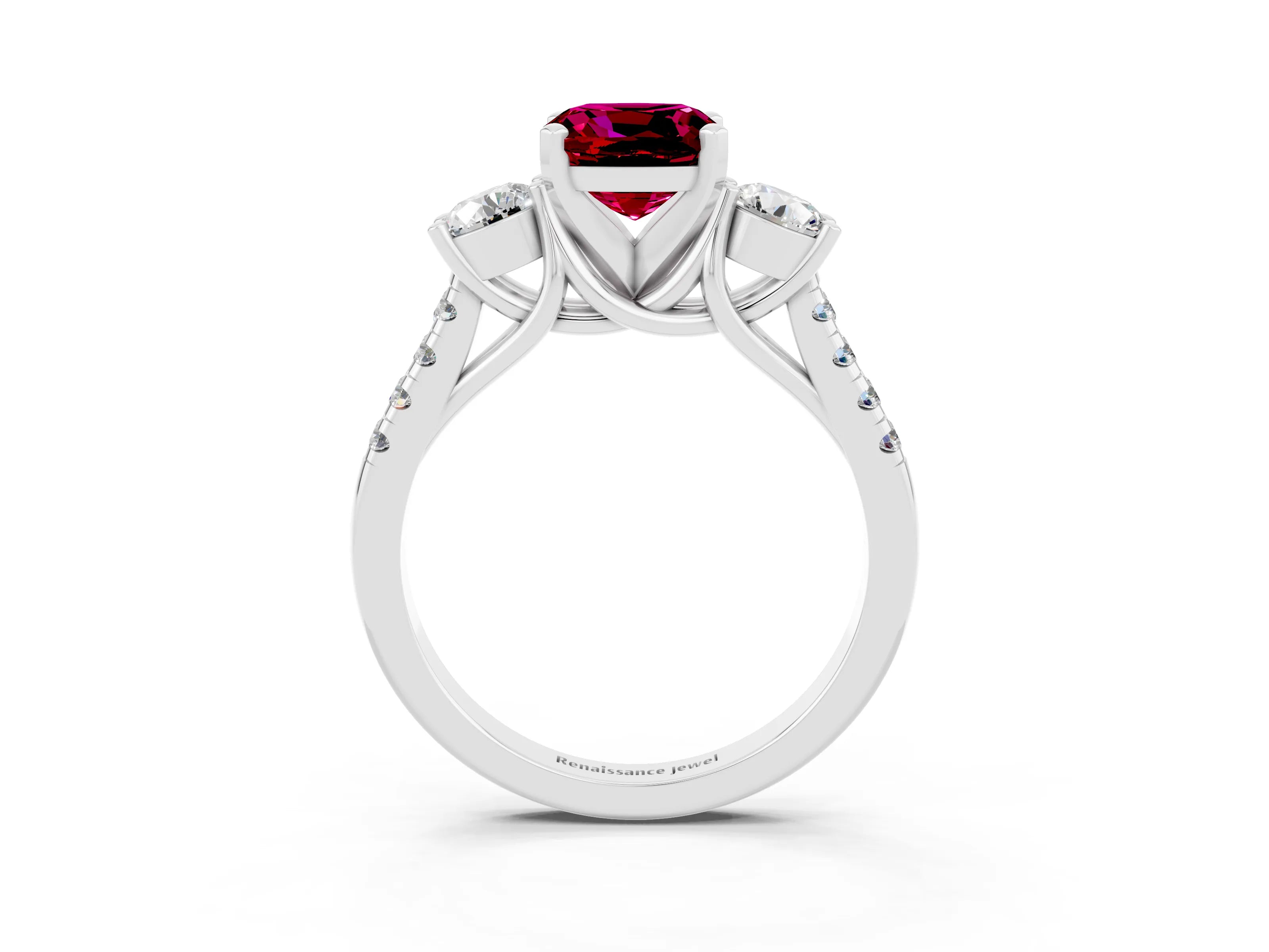 White gold Three-Stone Cushion Cut Garnet Pavé Band with Four-Prong Setting_3