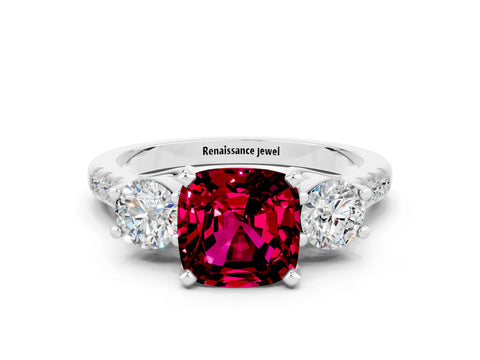 White gold Three-Stone Cushion Cut Garnet Pavé Band with Four-Prong Setting
