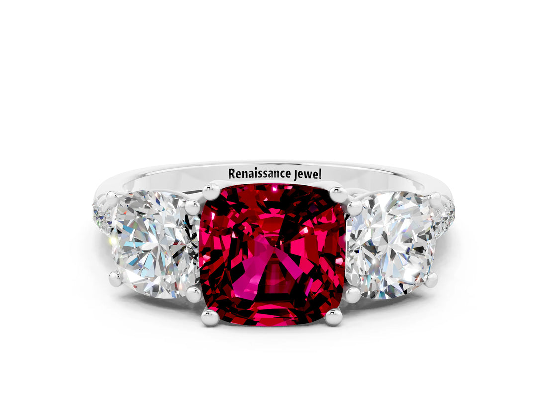 White gold Three-Stone Cushion Cut Garnet Ring with Pavé Band and Prong Setting_12