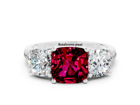 White gold Three-Stone Cushion Cut Garnet Ring with Pavé Band and Prong Setting_12