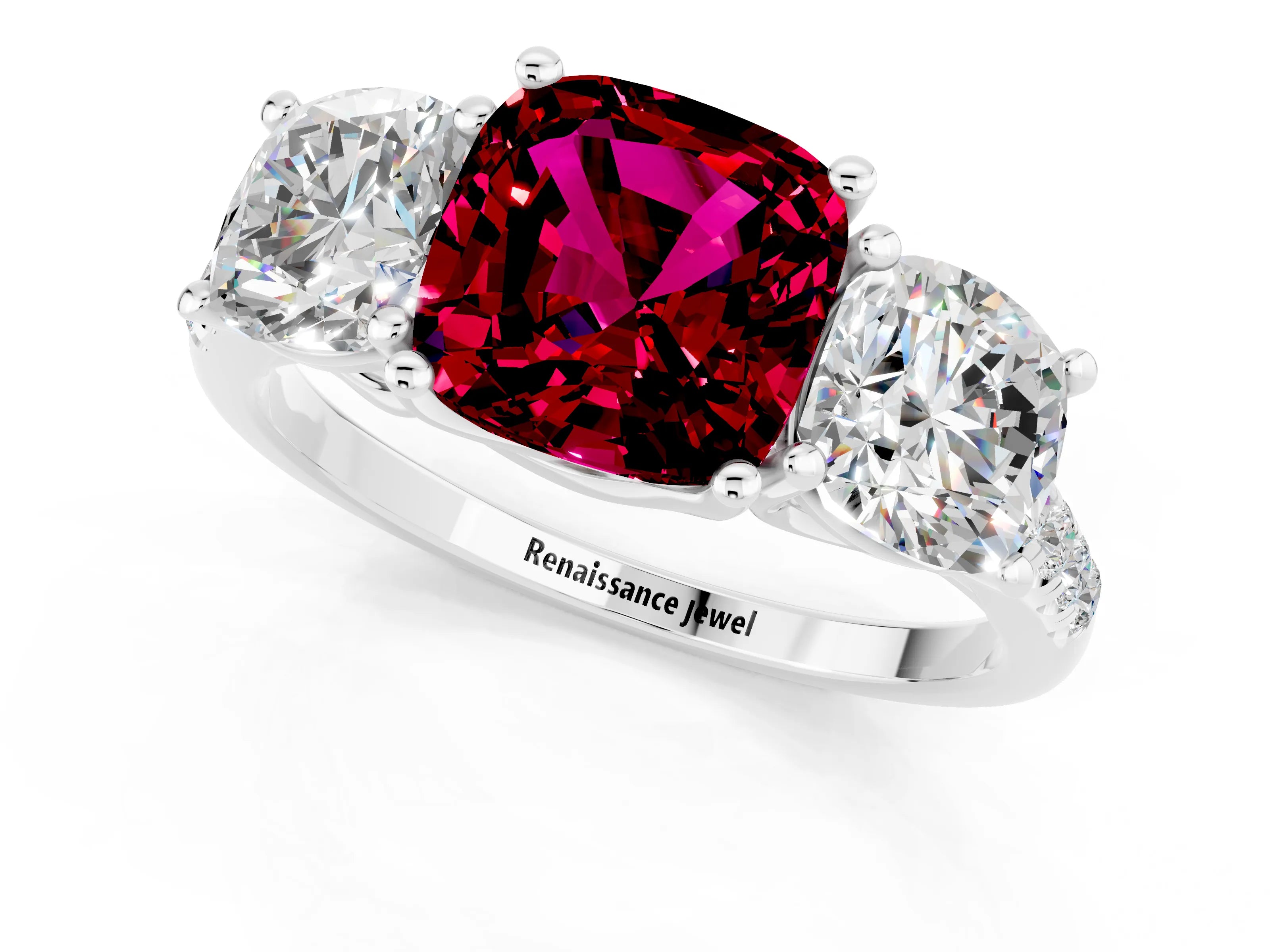 White gold Three-Stone Cushion Cut Garnet Ring with Pavé Band and Prong Setting_13