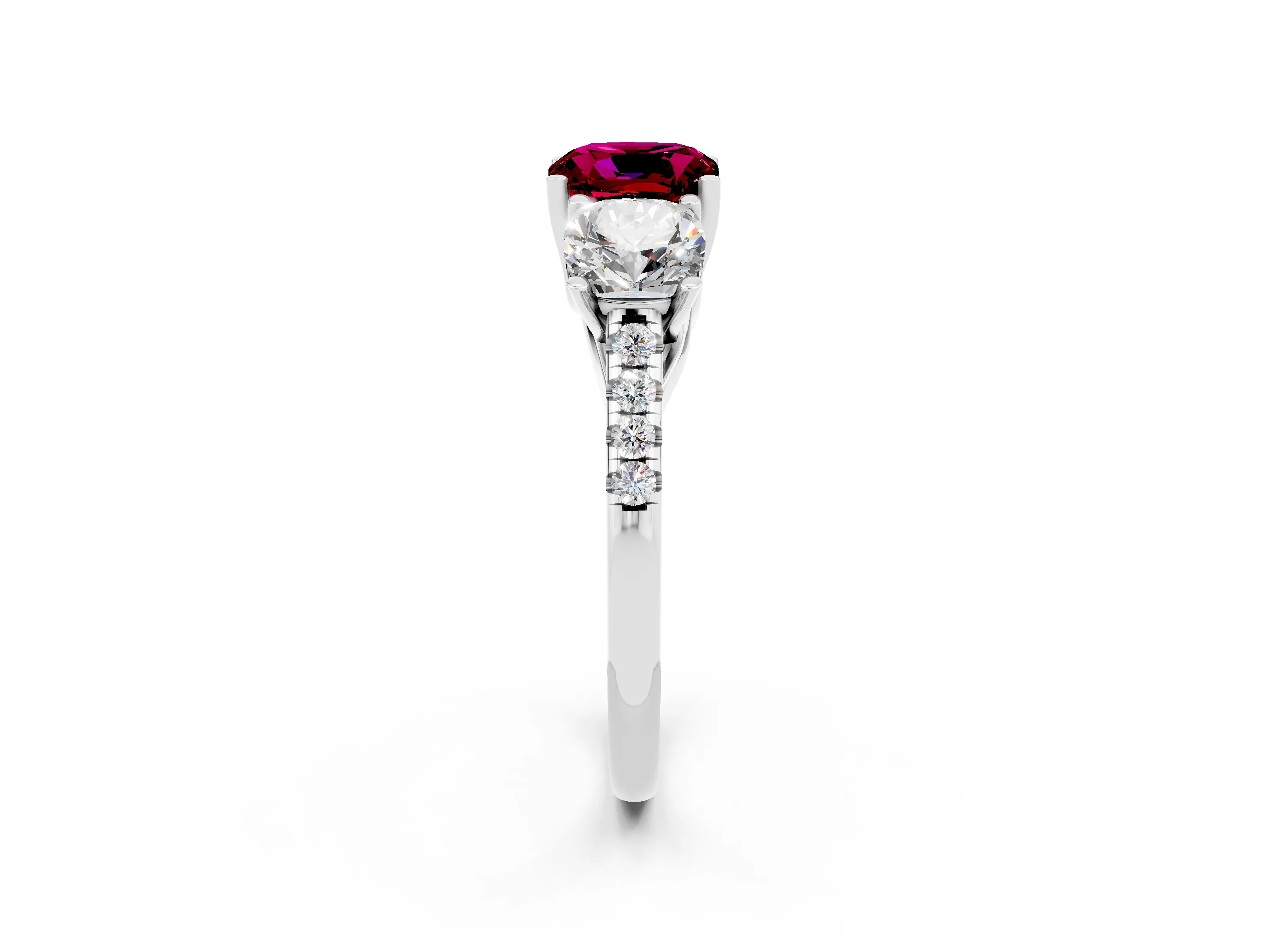 White gold Three-Stone Cushion Cut Garnet Ring with Pavé Band and Prong Setting_14