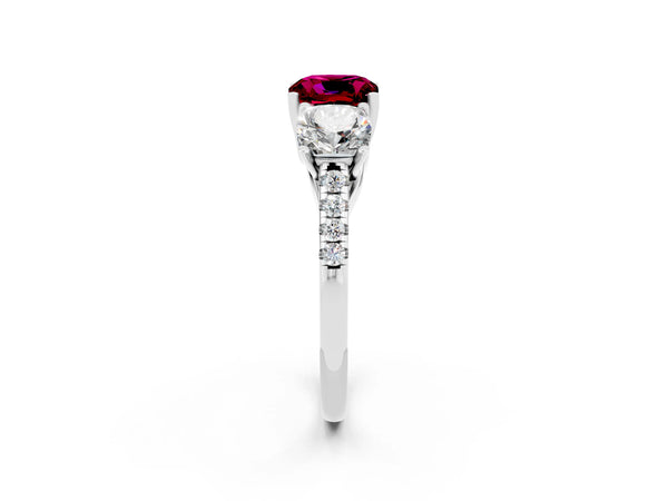 Silver Three-Stone Cushion Cut Garnet Ring with Round  Pavé Band and Prong Setting