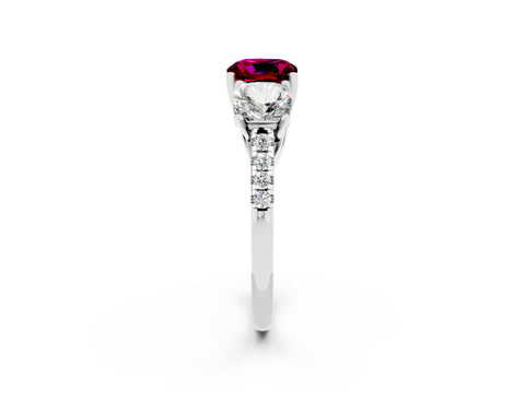 White gold Three-Stone Cushion Cut Garnet Ring with Pavé Band and Prong Setting_14