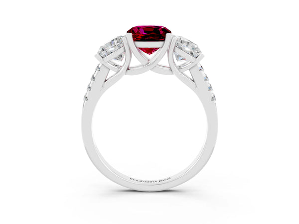 Silver Three-Stone Cushion Cut Garnet Ring with Round  Pavé Band and Prong Setting