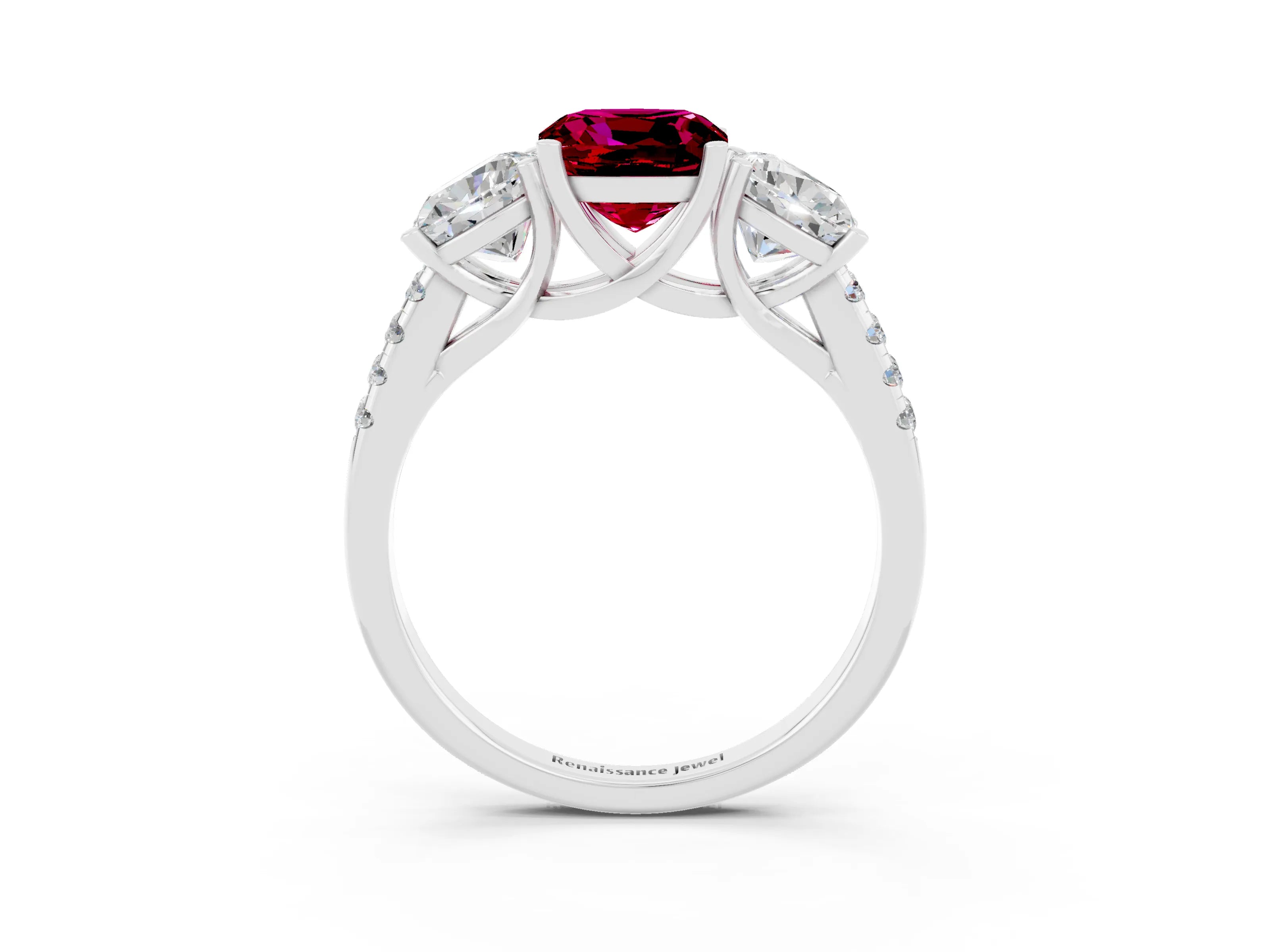 White gold Three-Stone Cushion Cut Garnet Ring with Pavé Band and Prong Setting_15