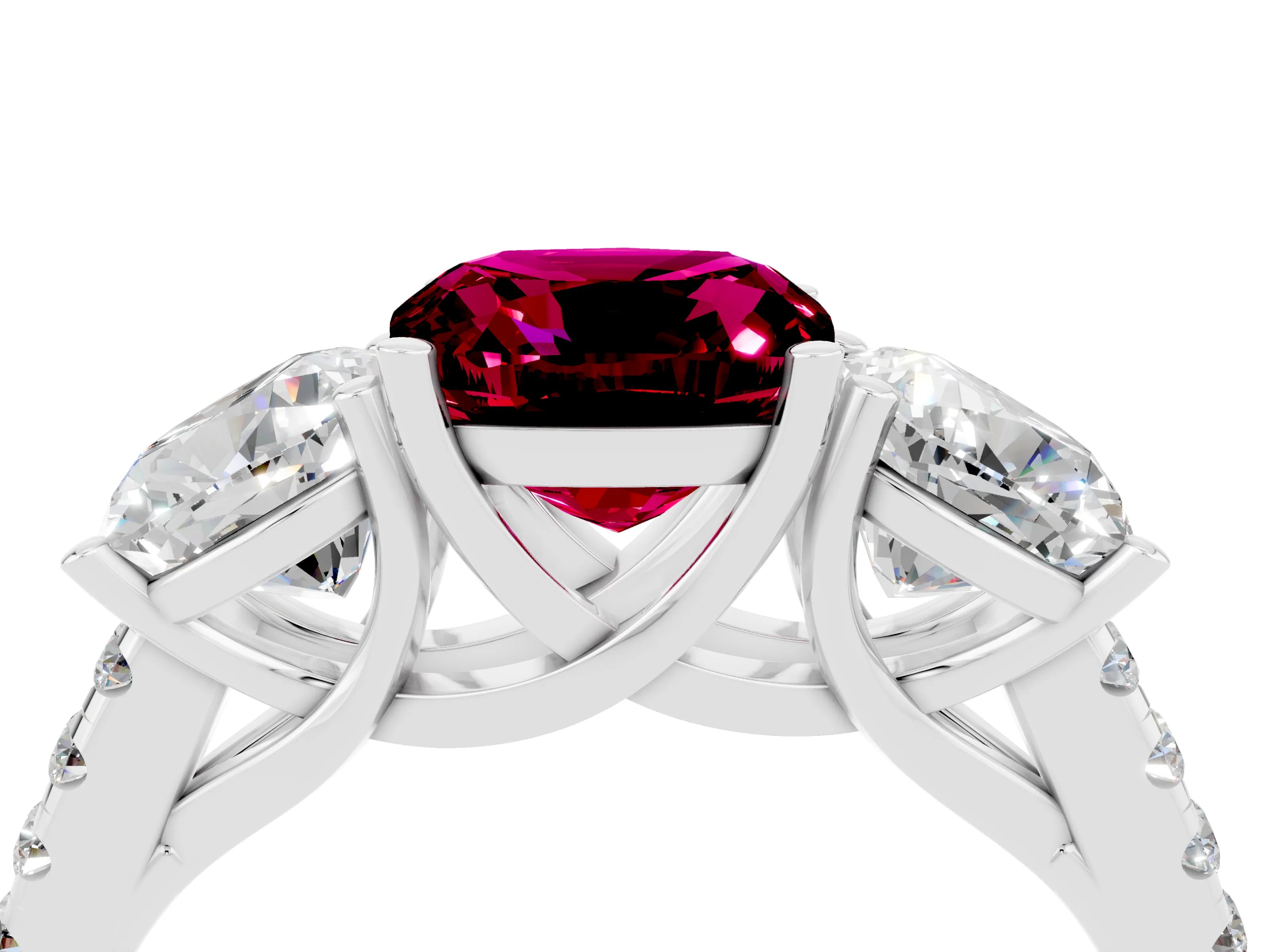 White gold Three-Stone Cushion Cut Garnet Ring with Pavé Band and Prong Setting_16