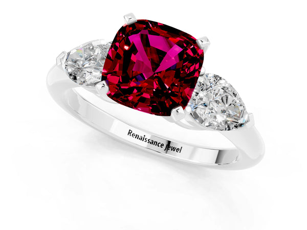 Platinum Three-Stone Cushion Cut Garnet Ring with Pear Side Stones and Four-Prong Setting