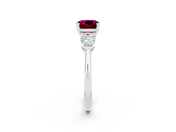 Platinum Three-Stone Cushion Cut Garnet Ring with Pear Side Stones and Four-Prong Setting