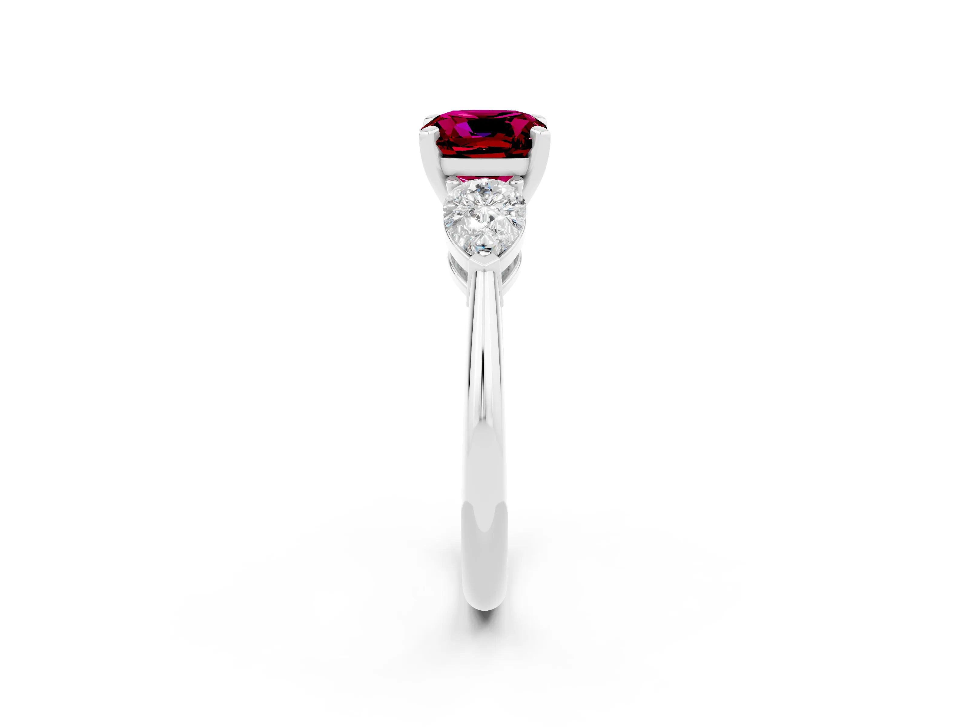 White gold Three-Stone Cushion Cut Garnet Ring with Pear Side Stones and Four-Prong Setting_2